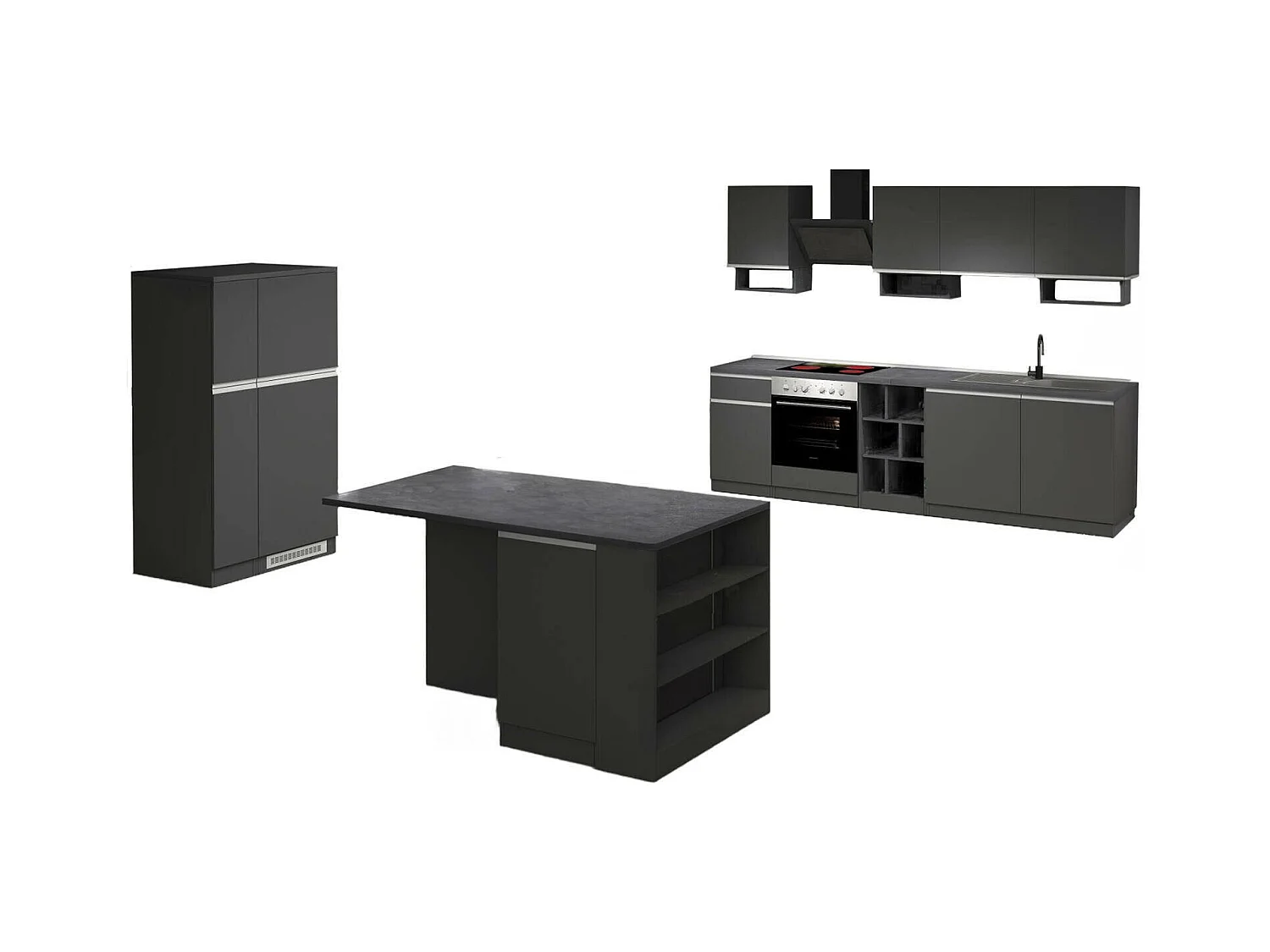 Vollständige Küche Dancelott, Set mit Speisekammer, Küchenzeile Schrank, Blockbausatz mit Insel und Kühlschrankträger, 100 % Made in Italy, Anthrazit und Schiefer