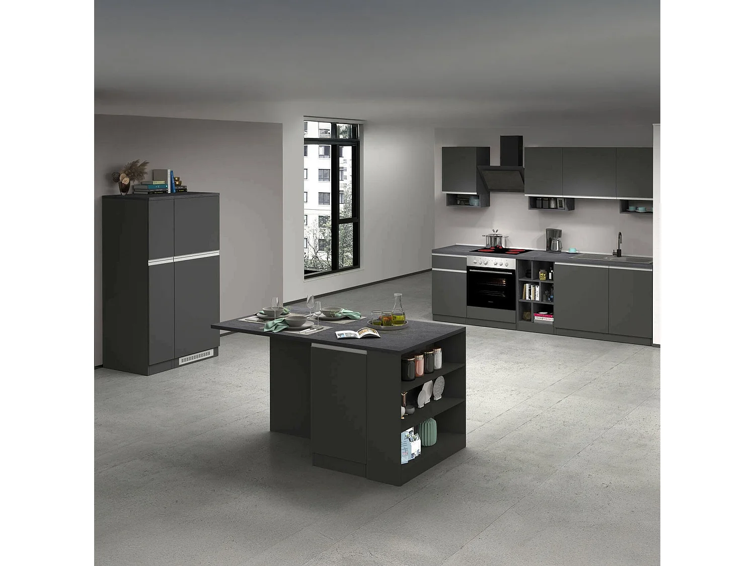 Cuisine complète Dancelott, Ensemble avec garde-manger, Meuble de kitchenette, Kit bloc avec îlot et porte-frigo, 100% Made in Italy, Anthracite et Ardoise