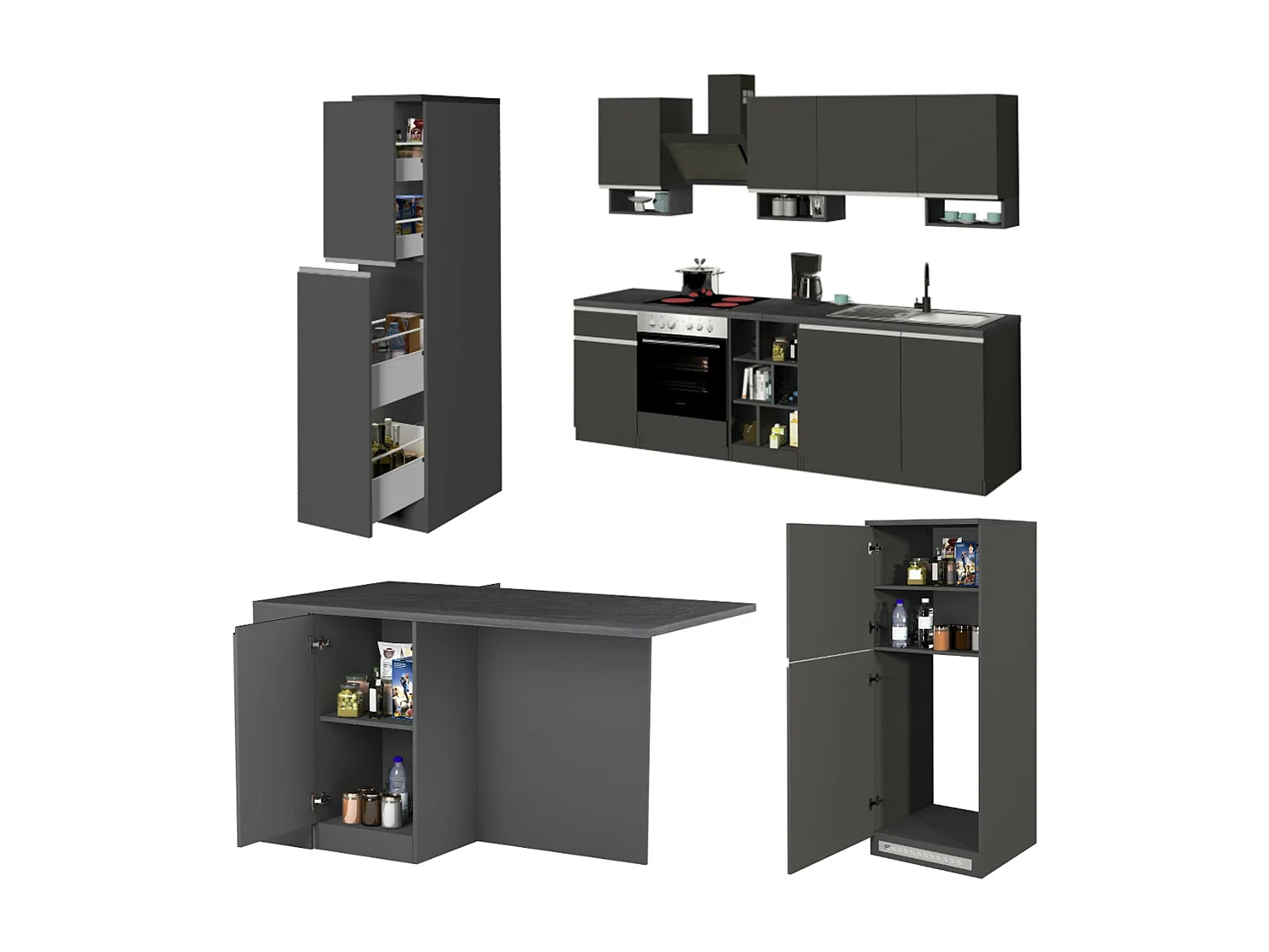 Cuisine complète Dancelott, Ensemble avec garde-manger, Meuble de kitchenette, Kit bloc avec îlot et porte-frigo, 100% Made in Italy, Anthracite et Ardoise