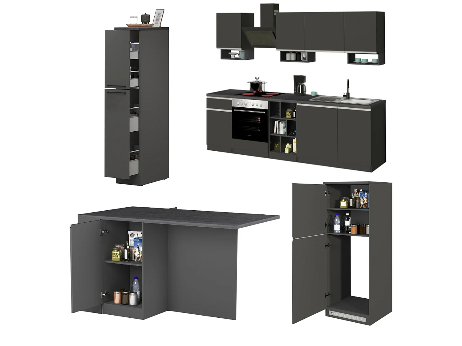 Cuisine Arlo, 31 étagères, Fabriqué en Italie, gris ardoise, kitchenette modulable, 3 tiroirs, Électroménagers non inclus