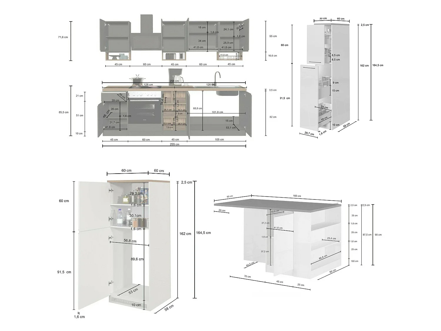 Cuisine Arlo, 31 étagères, Fabriqué en Italie, gris ardoise, kitchenette modulable, 3 tiroirs, Électroménagers non inclus