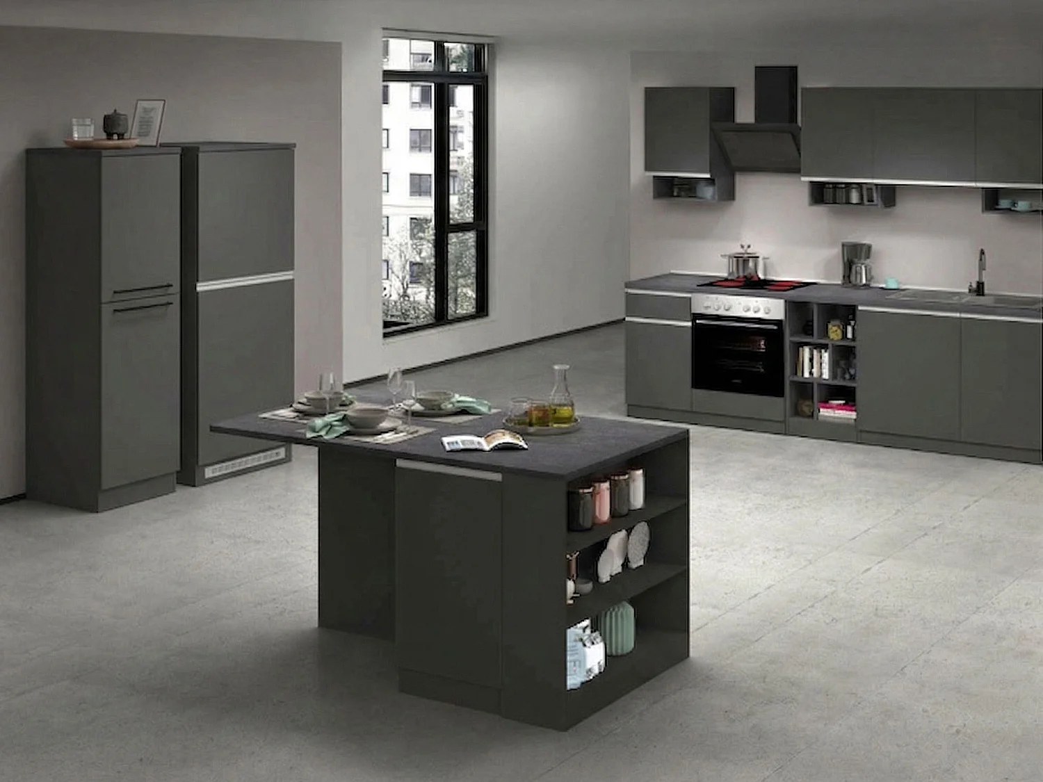 Cuisine Arlo, 31 étagères, Fabriqué en Italie, gris ardoise, kitchenette modulable, 3 tiroirs, Électroménagers non inclus