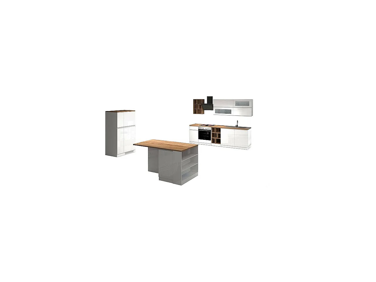 Cuisine complète Daquilant, Ensemble avec garde-manger, Meuble de kitchenette, Kit bloc avec îlot et porte-frigo, 100% Made in Italy, Blanc brillant et chêne