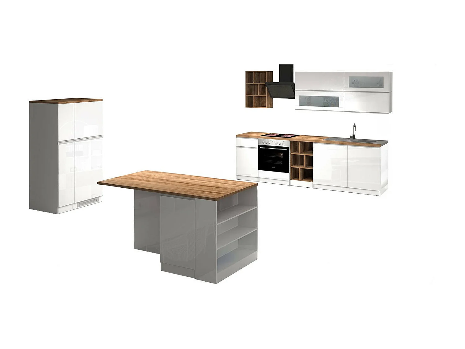 Dmora - Cucina completa Armend, 100% Made in Italy, Bianco lucido e Rovere