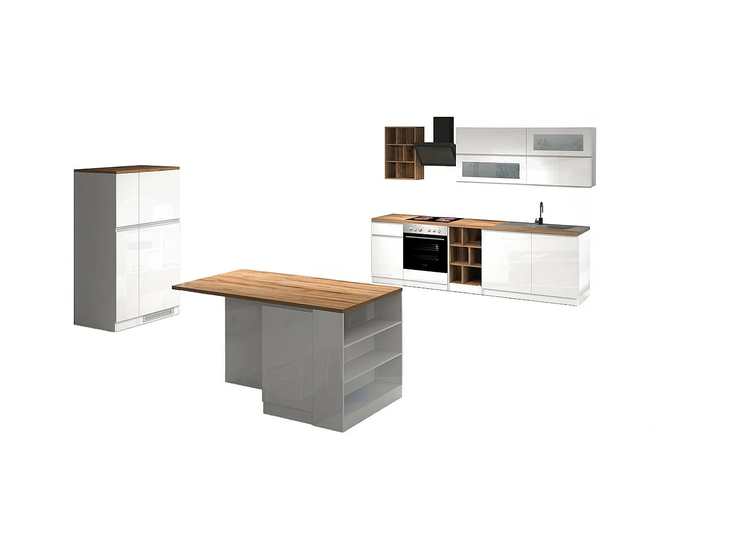 Cuisine complète Daquilant, Ensemble avec garde-manger, Meuble de kitchenette, Kit bloc avec îlot et porte-frigo, 100% Made in Italy, Blanc brillant et chêne
