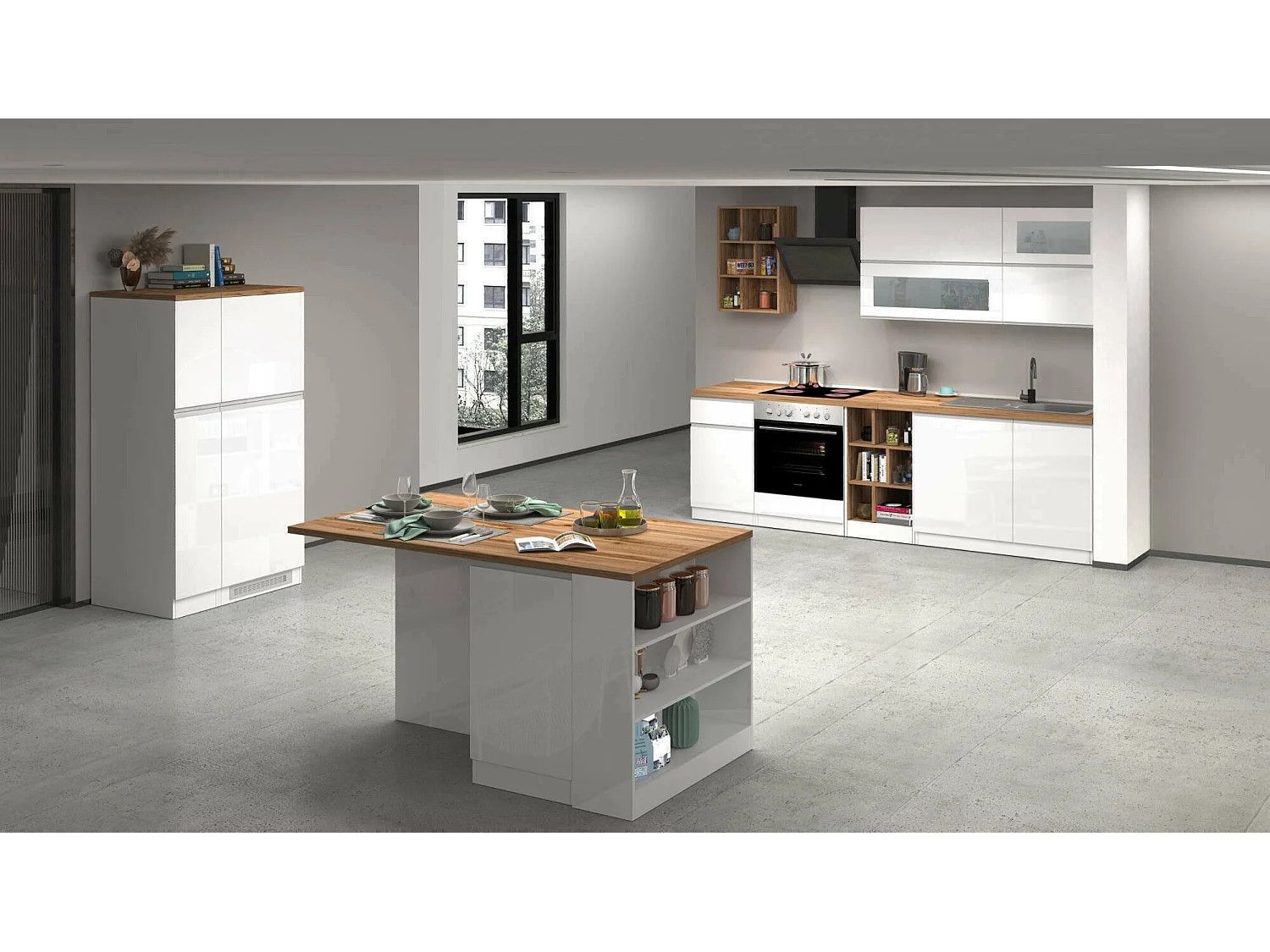 Cucina Completa Armend, Modulabile Made in Italy, Bianco Lucido