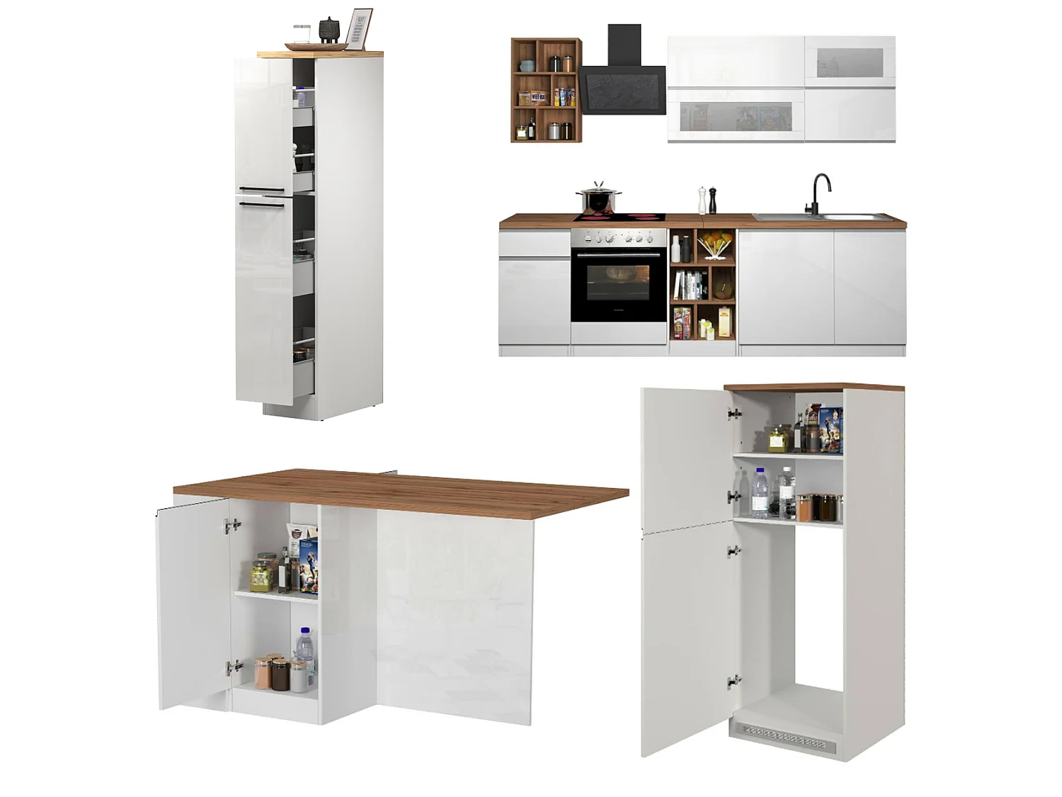 Armend-keuken, modulair, gemaakt in Italië, hoogglans wit, kitchenette, 30 planken, 3 lades, Apparaten niet inbegrepen