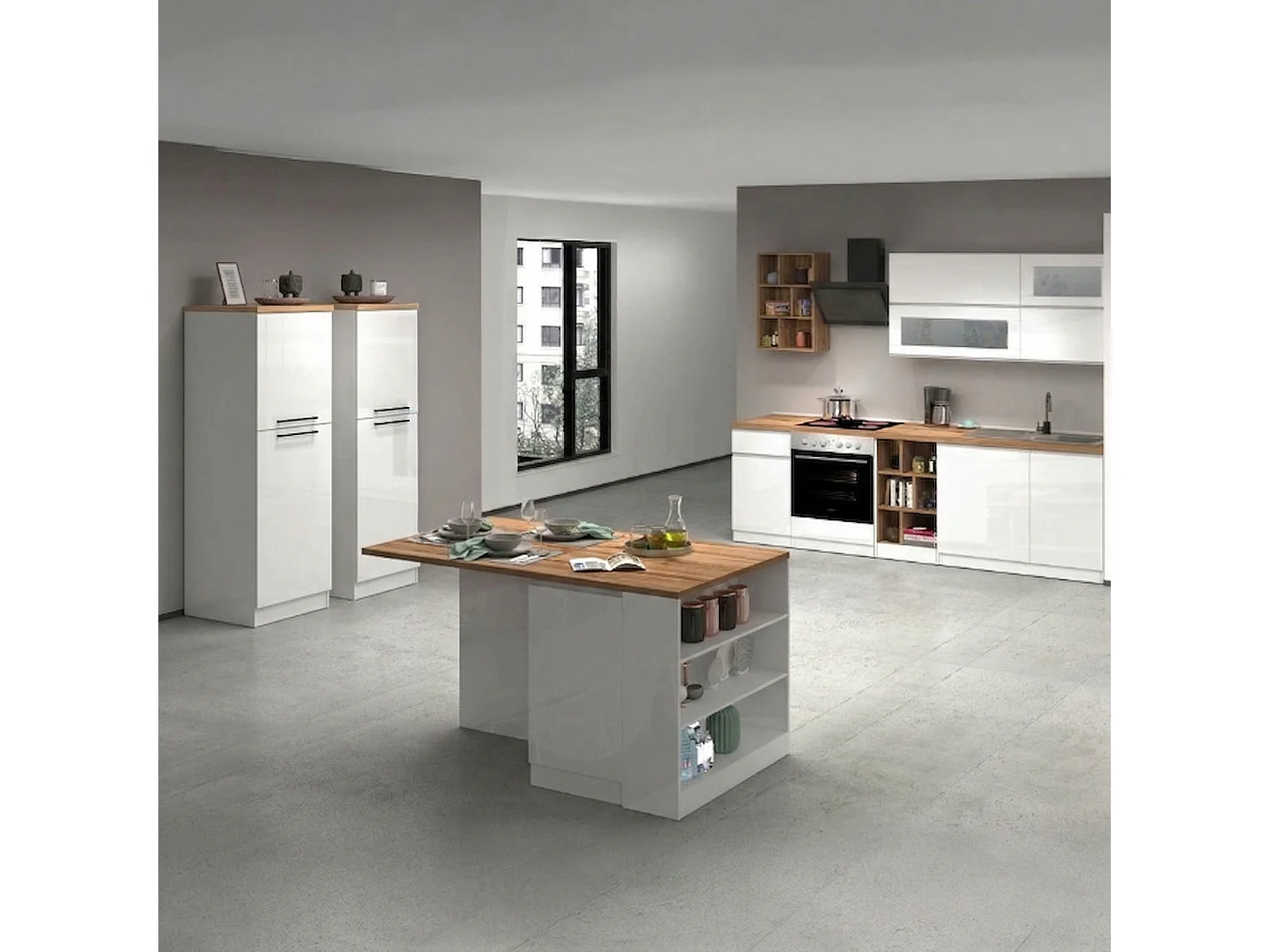 Armend-keuken, modulair, gemaakt in Italië, hoogglans wit, kitchenette, 30 planken, 3 lades, Apparaten niet inbegrepen