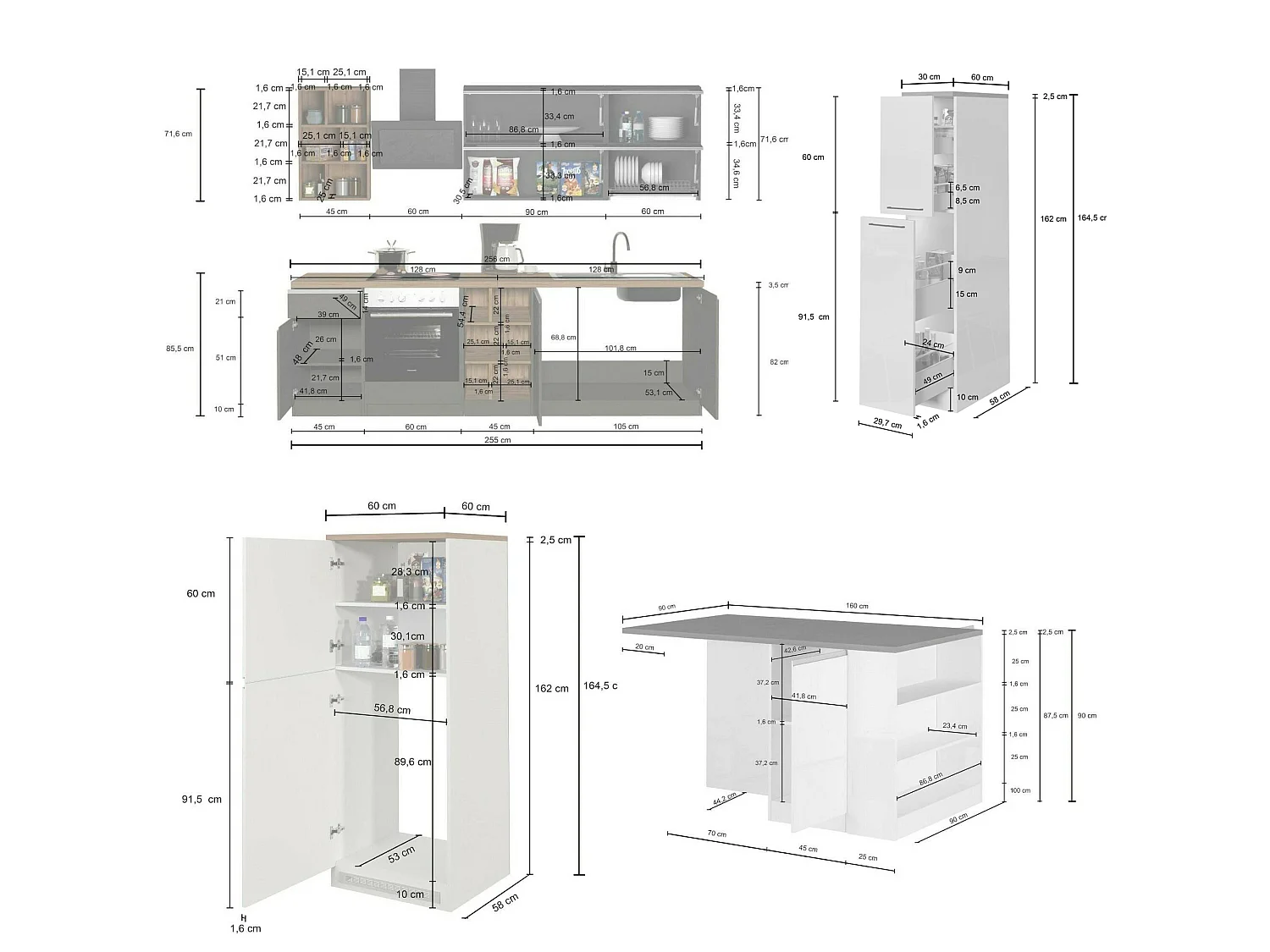 Armend-keuken, modulair, gemaakt in Italië, hoogglans wit, kitchenette, 30 planken, 3 lades, Apparaten niet inbegrepen