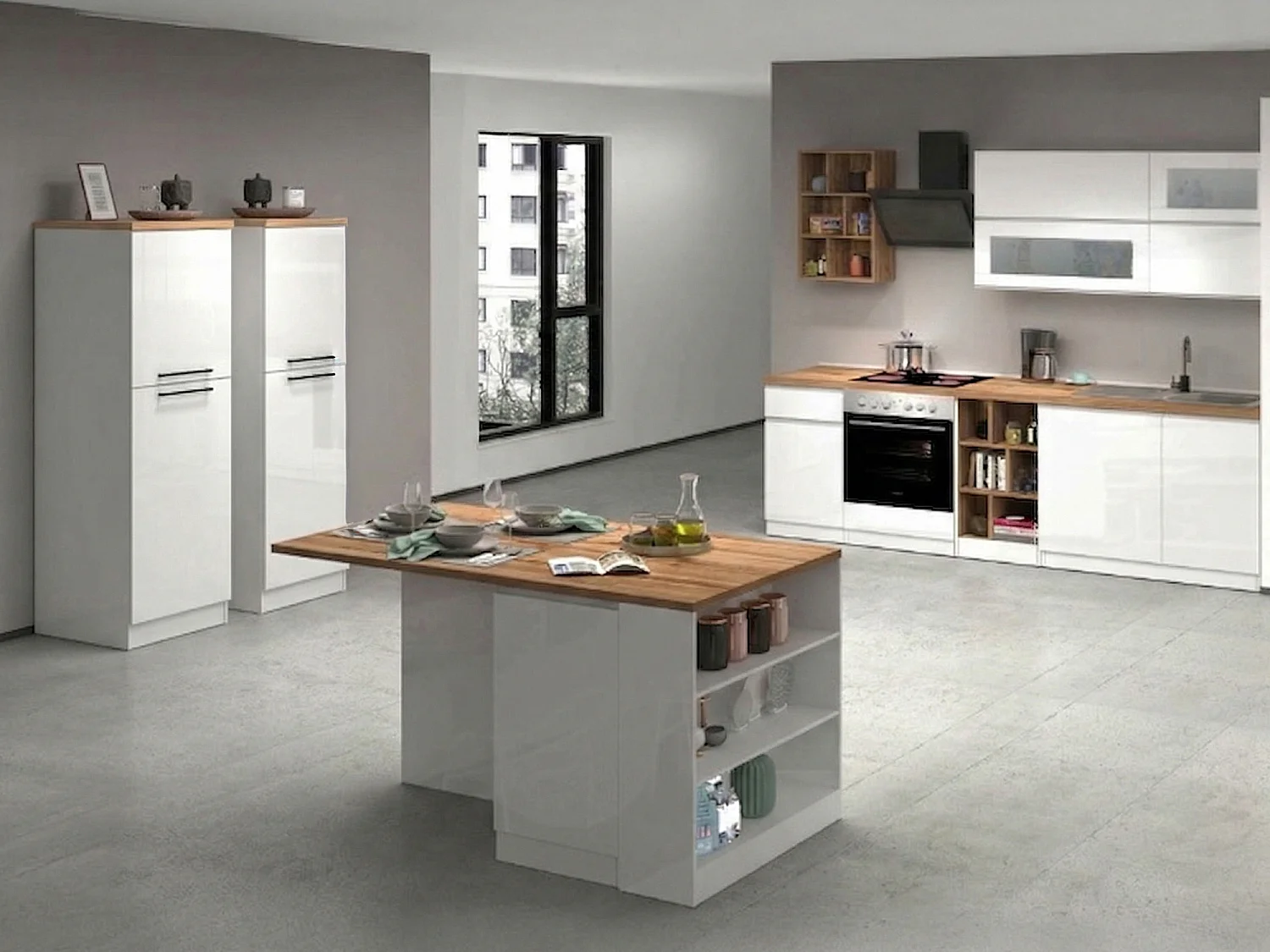 Armend-keuken, modulair, gemaakt in Italië, hoogglans wit, kitchenette, 30 planken, 3 lades, Apparaten niet inbegrepen