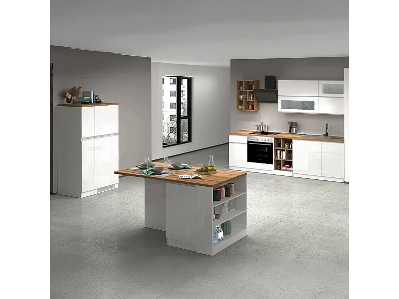 Cuisine complète Daquilant, Ensemble avec garde-manger, Meuble de kitchenette, Kit bloc avec îlot et porte-frigo, 100% Made in Italy, Blanc brillant et chêne