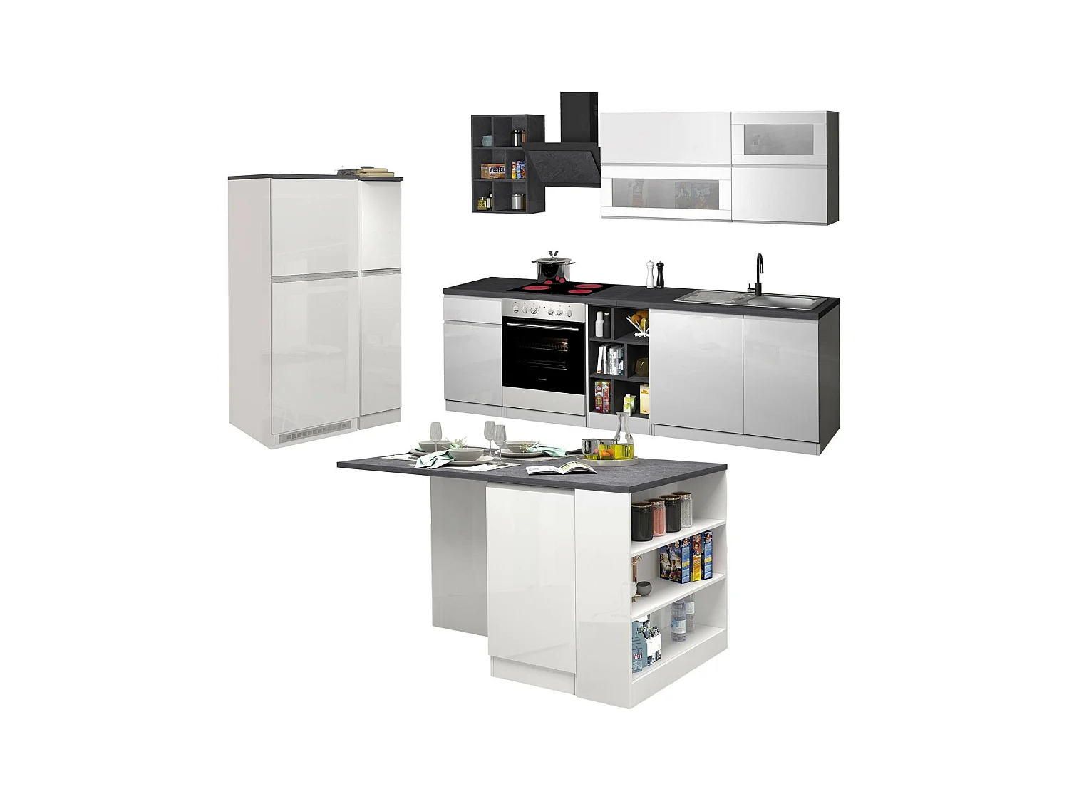 Cuisine complète Dantenucc, Ensemble avec garde-manger, Meuble de kitchenette, Kit bloc avec îlot et porte-frigo, 100% Made in Italy, Blanc brillant et ardoise