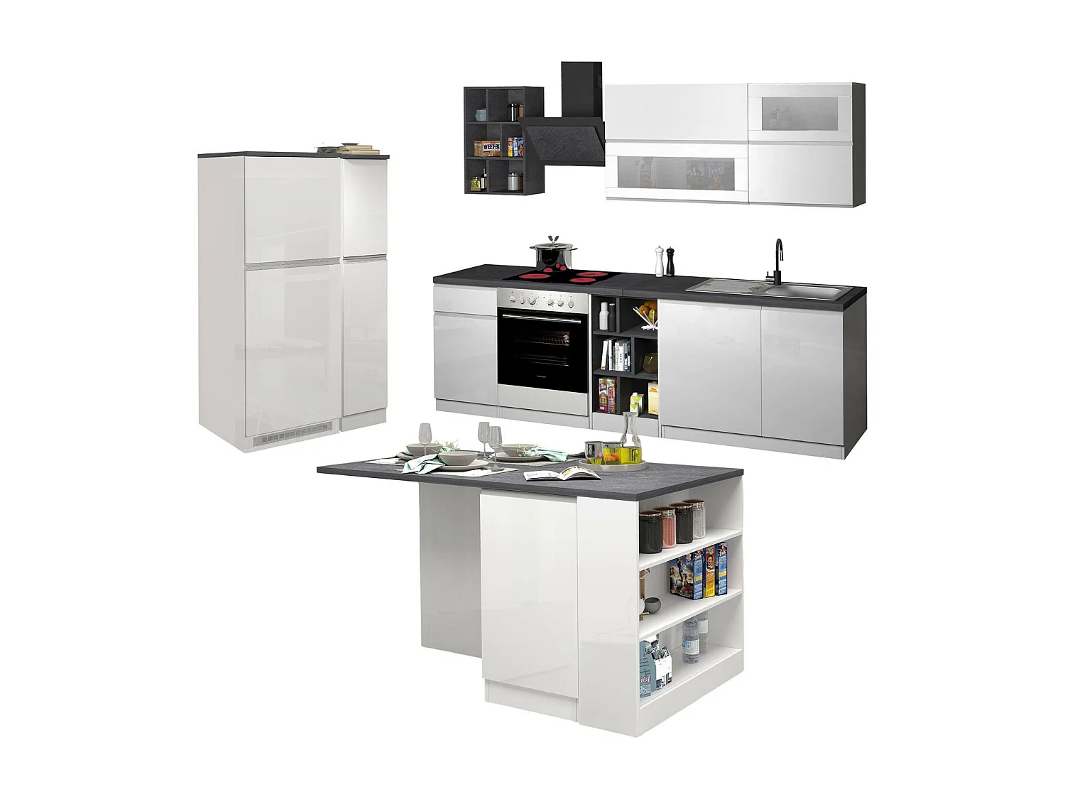 Cuisine complète Dantenucc, Ensemble avec garde-manger, Meuble de kitchenette, Kit bloc avec îlot et porte-frigo, 100% Made in Italy, Blanc brillant et ardoise