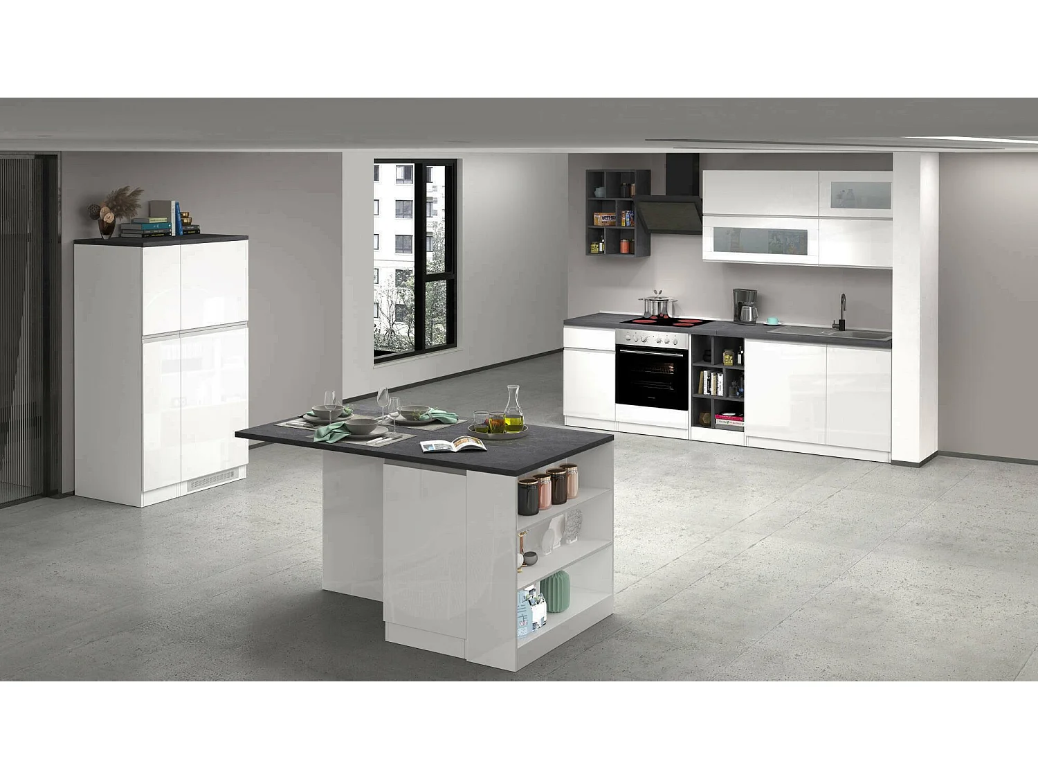 Cuisine complète Dantenucc, Ensemble avec garde-manger, Meuble de kitchenette, Kit bloc avec îlot et porte-frigo, 100% Made in Italy, Blanc brillant et ardoise