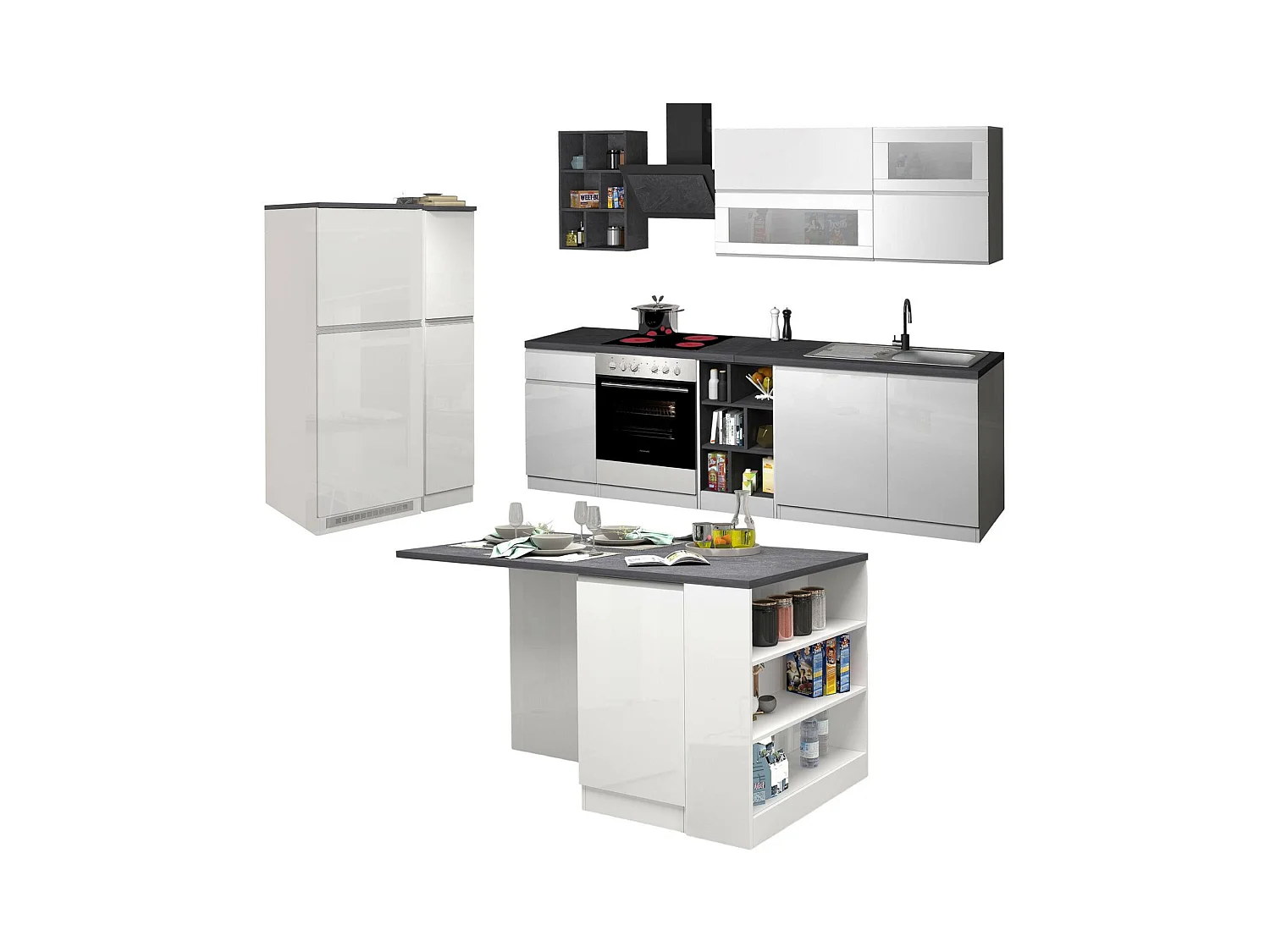 Dantenucc complete keuken, Set met bijkeuken, Keukenkast, Blokkit met eiland en koelkasthouder, 100% Made in Italy, Glanzend wit en leisteen