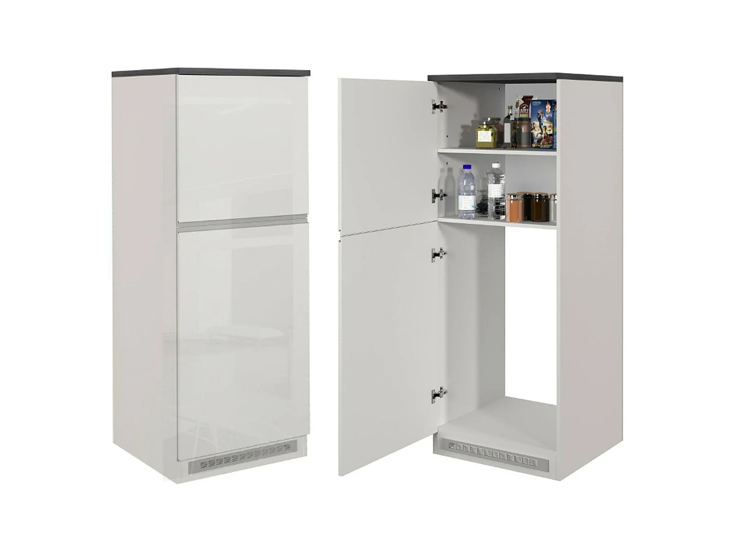 Dantenucc complete keuken, Set met bijkeuken, Keukenkast, Blokkit met eiland en koelkasthouder, 100% Made in Italy, Glanzend wit en leisteen