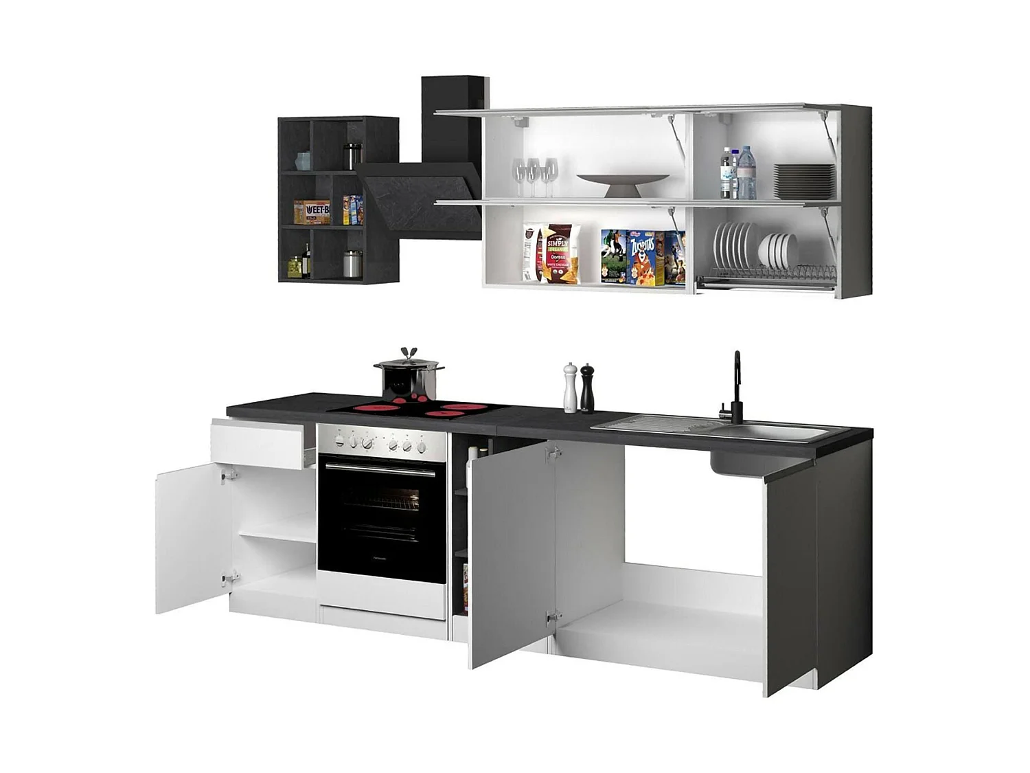 Dantenucc complete keuken, Set met bijkeuken, Keukenkast, Blokkit met eiland en koelkasthouder, 100% Made in Italy, Glanzend wit en leisteen