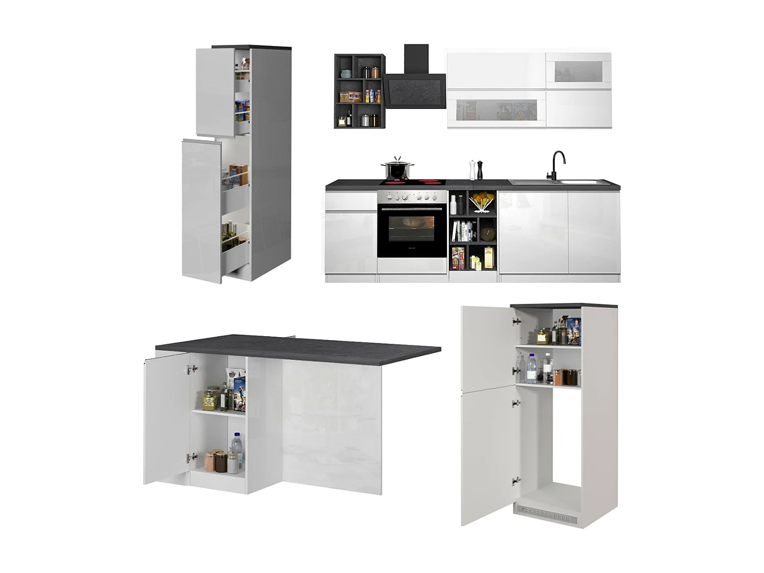Cuisine complète Dantenucc, Ensemble avec garde-manger, Meuble de kitchenette, Kit bloc avec îlot et porte-frigo, 100% Made in Italy, Blanc brillant et ardoise