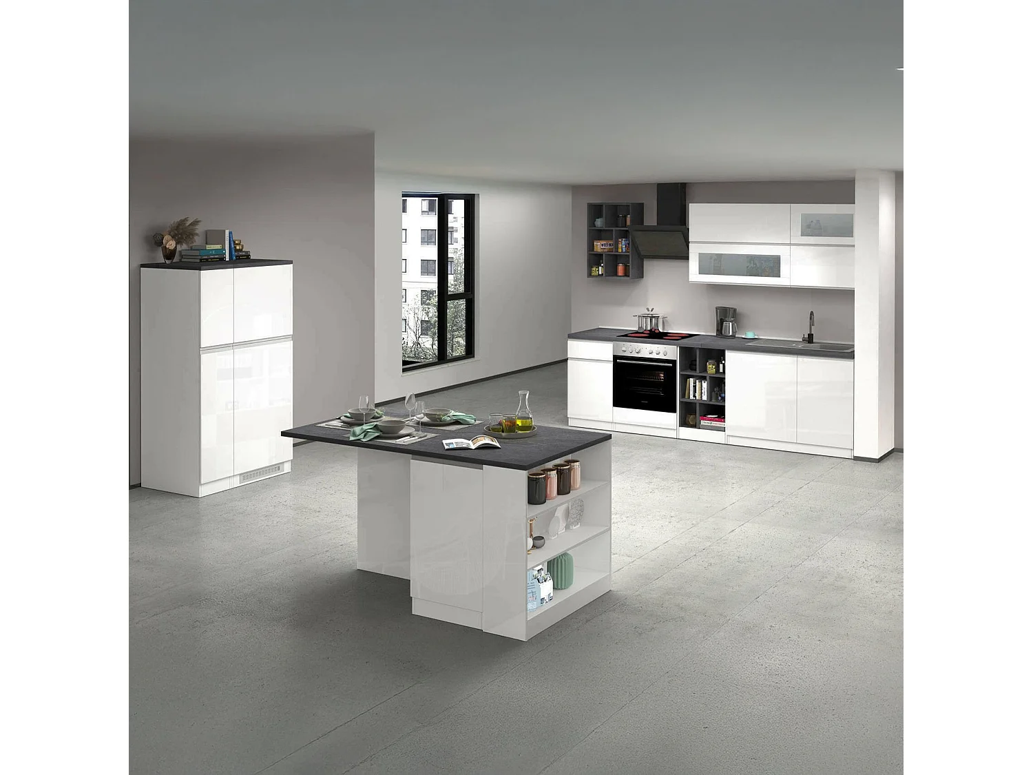 Cocina completa Balme, Set con despensa, Mueble cocina, Kit de bloques con isla y soporte para frigorífico, 100% Made in Italy, Blanco brillo y pizarra