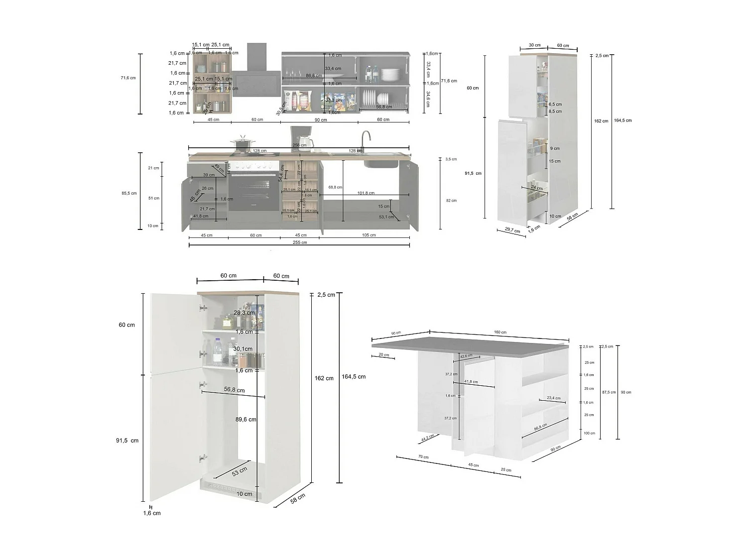 Cocina completa Balme, Set con despensa, Mueble cocina, Kit de bloques con isla y soporte para frigorífico, 100% Made in Italy, Blanco brillo y pizarra
