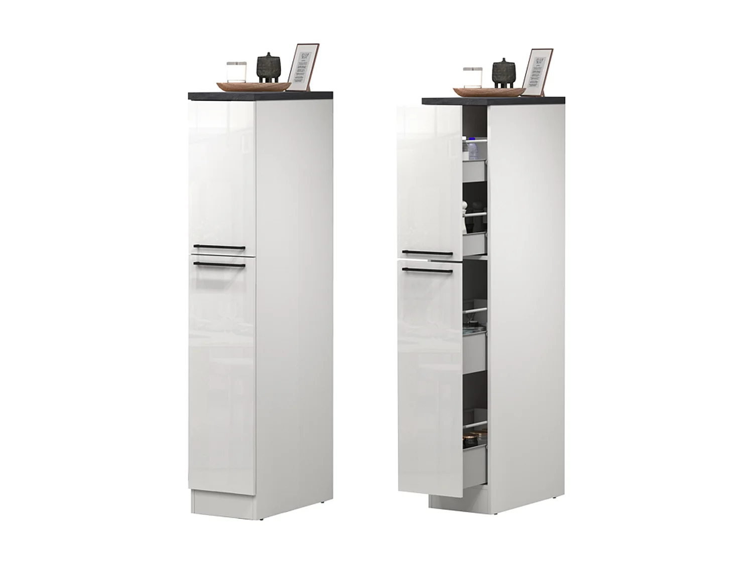 Cuisine complète Dantenucc, Ensemble avec garde-manger, Meuble de kitchenette, Kit bloc avec îlot et porte-frigo, 100% Made in Italy, Blanc brillant et ardoise