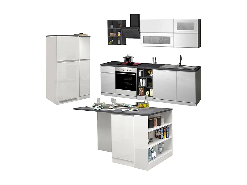 Cuisine complète Dantenucc, Ensemble avec garde-manger, Meuble de kitchenette, Kit bloc avec îlot et porte-frigo, 100% Made in Italy, Blanc brillant et ardoise
