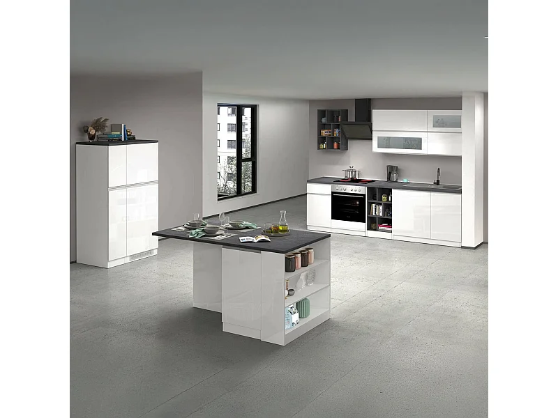Cuisine complète Dantenucc, Ensemble avec garde-manger, Meuble de kitchenette, Kit bloc avec îlot et porte-frigo, 100% Made in Italy, Blanc brillant et ardoise