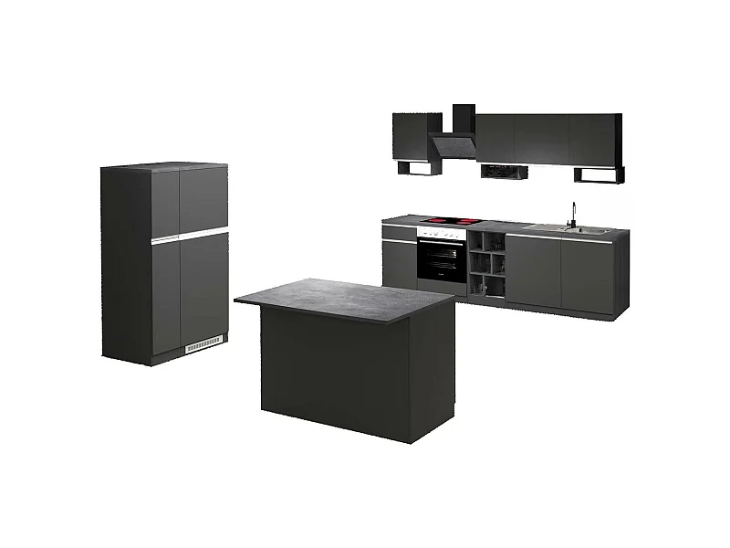 Vollständige Küche Dancelott, Set mit Speisekammer, Küchenzeile Schrank, Blockbausatz mit Insel und Kühlschrankträger, 100 % Made in Italy, Anthrazit und Schiefer