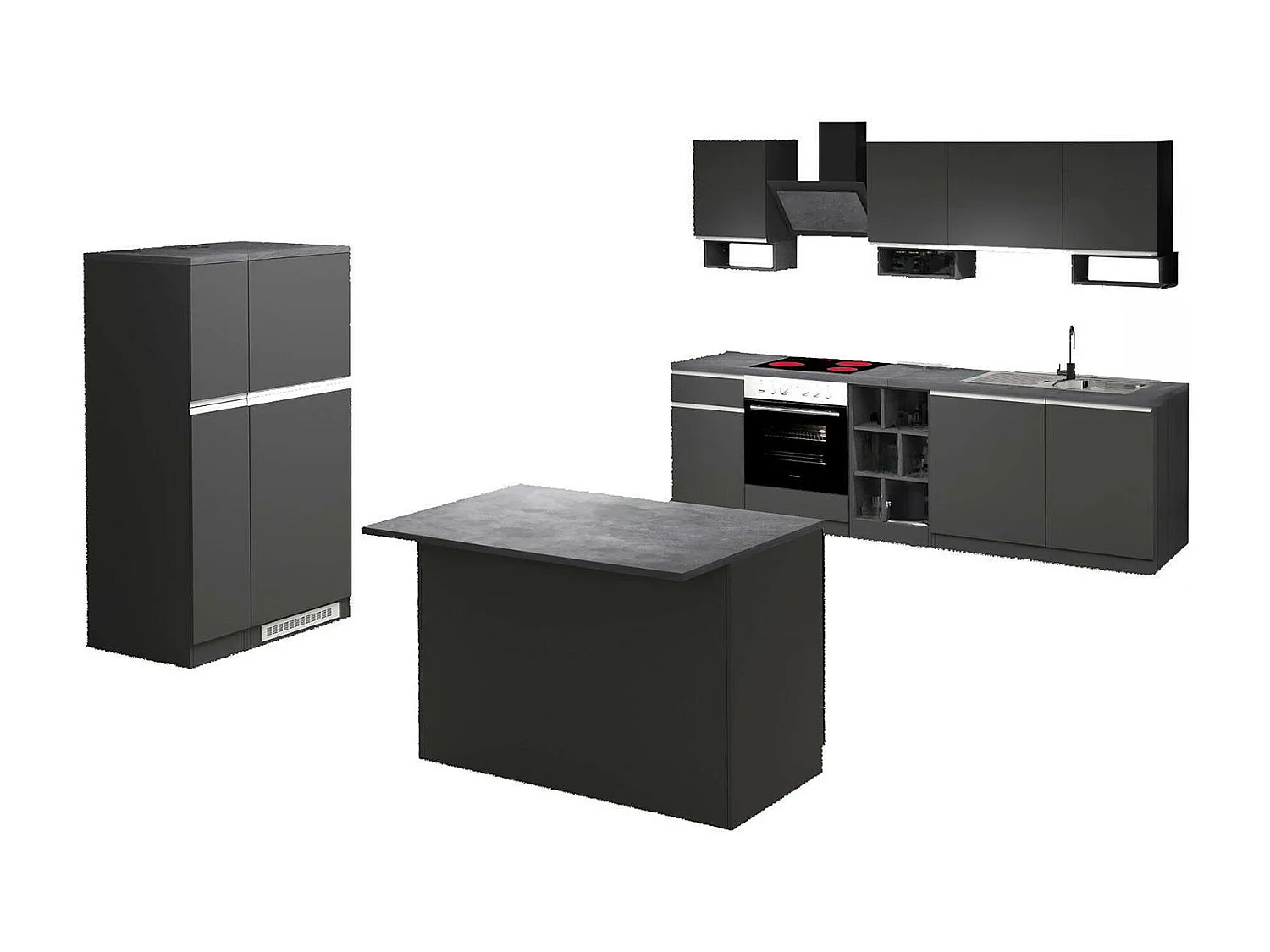 Cuisine complète Dancelott, Ensemble avec garde-manger, Meuble de kitchenette, Kit bloc avec îlot et porte-frigo, 100% Made in Italy, Anthracite et Ardoise