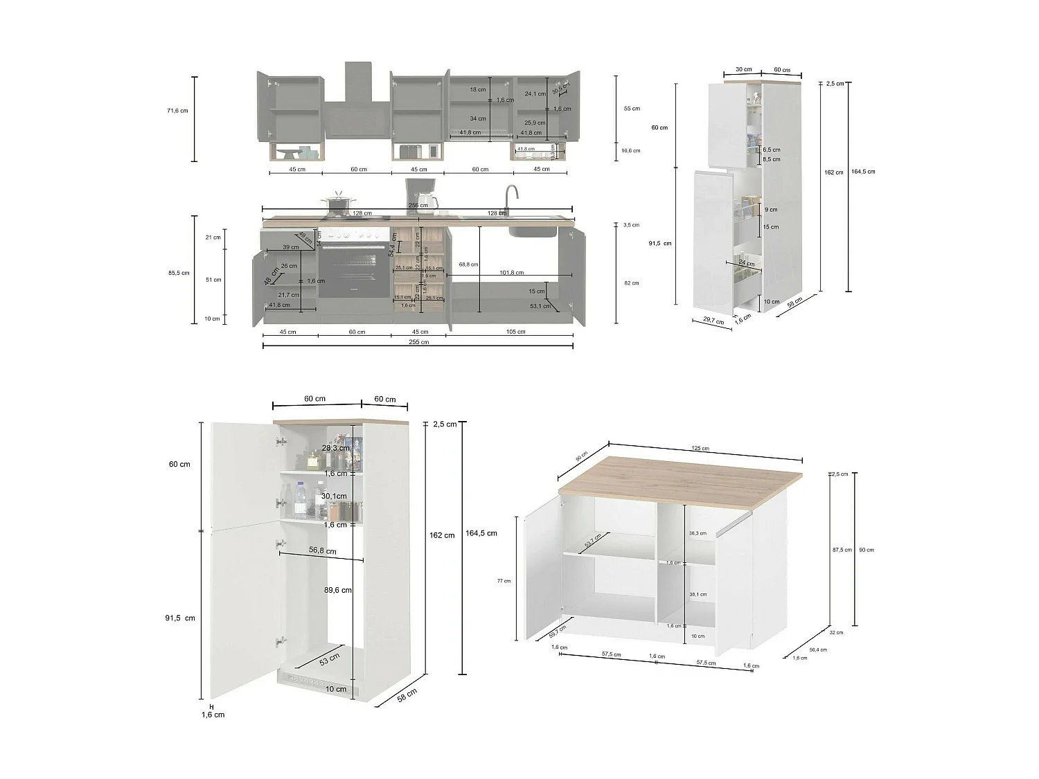 Cuisine complète Dancelott, Ensemble avec garde-manger, Meuble de kitchenette, Kit bloc avec îlot et porte-frigo, 100% Made in Italy, Anthracite et Ardoise