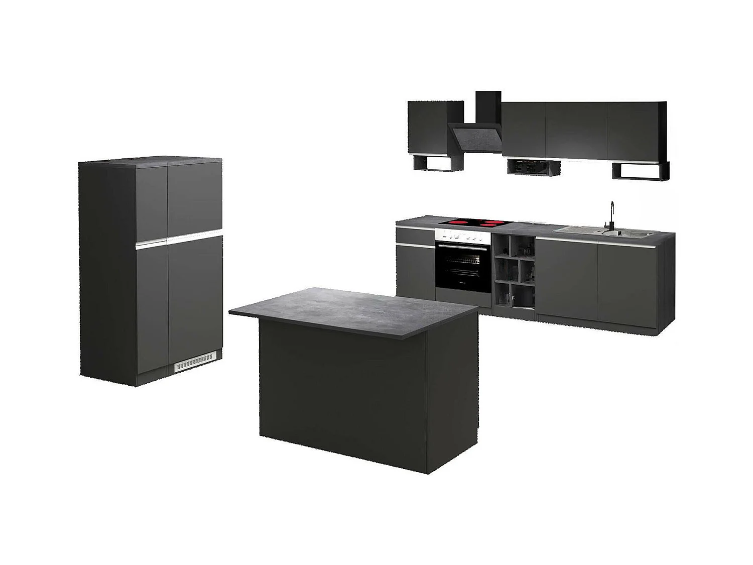 Cozinha completa Dancelott, Conjunto com despensa, Armário de cozinha, Kit bloco com ilha e suporte para frigorífico, 100% Fabricado em Itália, Antracite e Ardósia