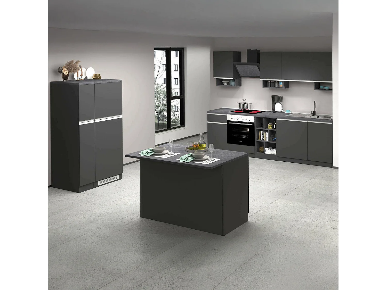Cuisine complète Dancelott, Ensemble avec garde-manger, Meuble de kitchenette, Kit bloc avec îlot et porte-frigo, 100% Made in Italy, Anthracite et Ardoise