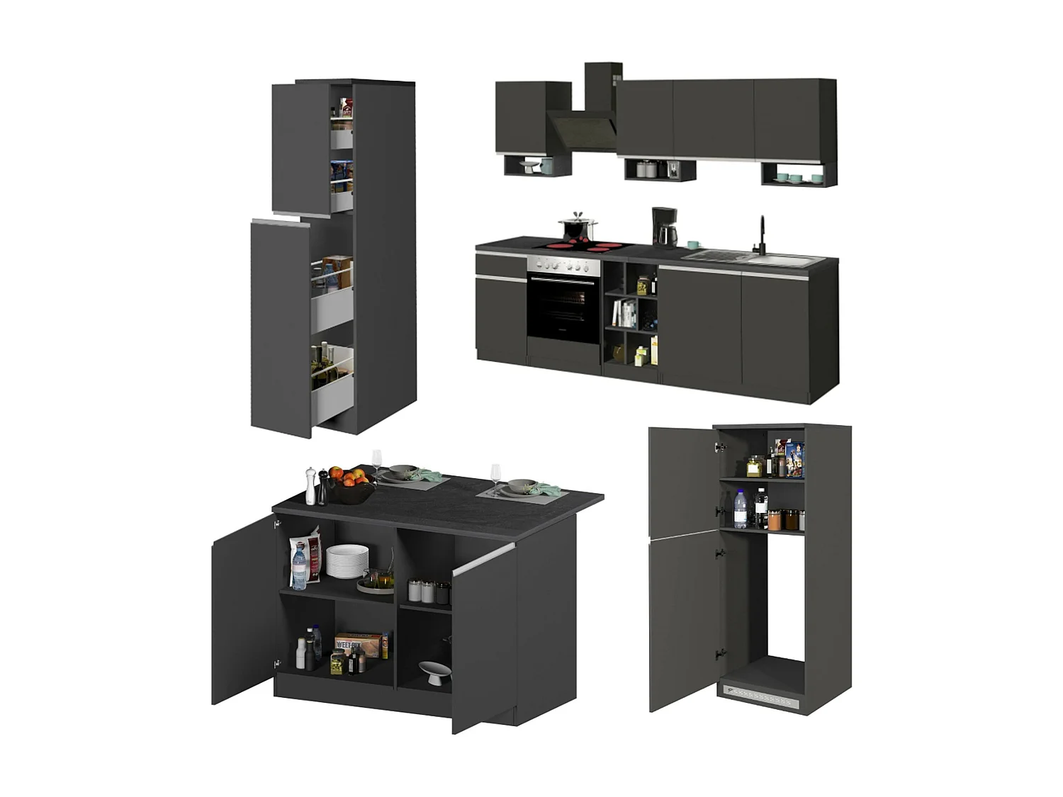 Cuisine complète Dancelott, Ensemble avec garde-manger, Meuble de kitchenette, Kit bloc avec îlot et porte-frigo, 100% Made in Italy, Anthracite et Ardoise