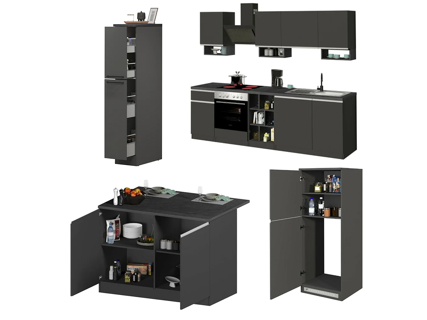 Cucina Completa Arlo, Modulabile, Elettrodomestici non inclusi, Made in Italy, Nero Antracite