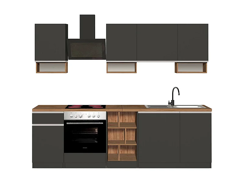 Vollständige Küche Dcelient, Set mit Speisekammer, Küchenzeile Schrank, Linearer Blocksatz, 100 % Made in Italy, 255 x 60 x 85 cm, Anthrazit und Eiche
