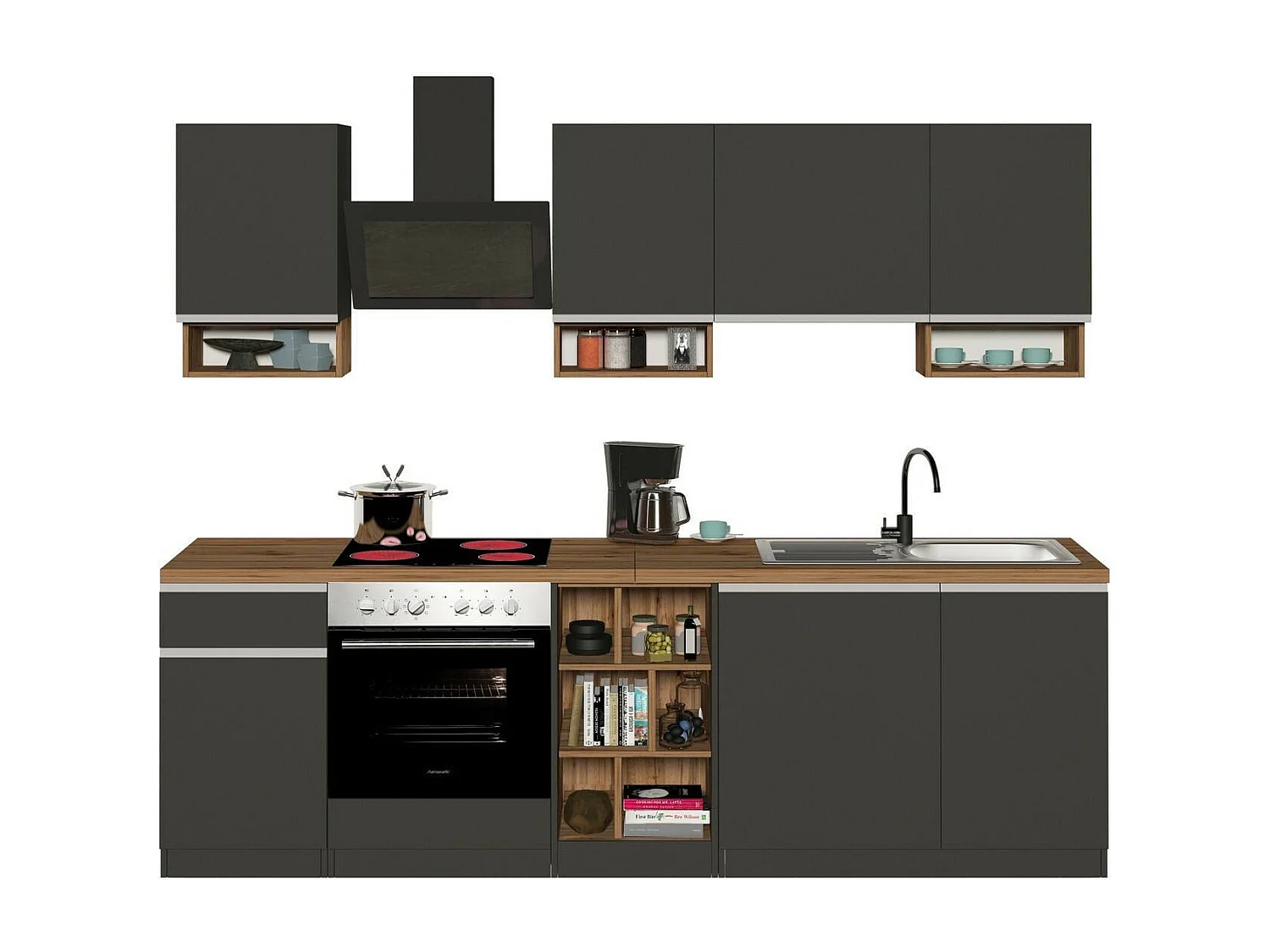 Cuisine complète Dcelient, Ensemble avec garde-manger, Meuble de kitchenette, Kit bloc linéaire, 100% Made in Italy, 255x60h85 cm, Anthracite et Chêne