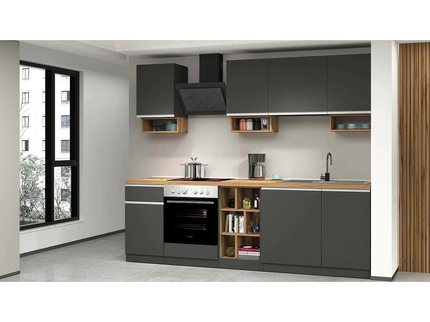 Cuisine complète Dcelient, Ensemble avec garde-manger, Meuble de kitchenette, Kit bloc linéaire, 100% Made in Italy, 255x60h85 cm, Anthracite et Chêne