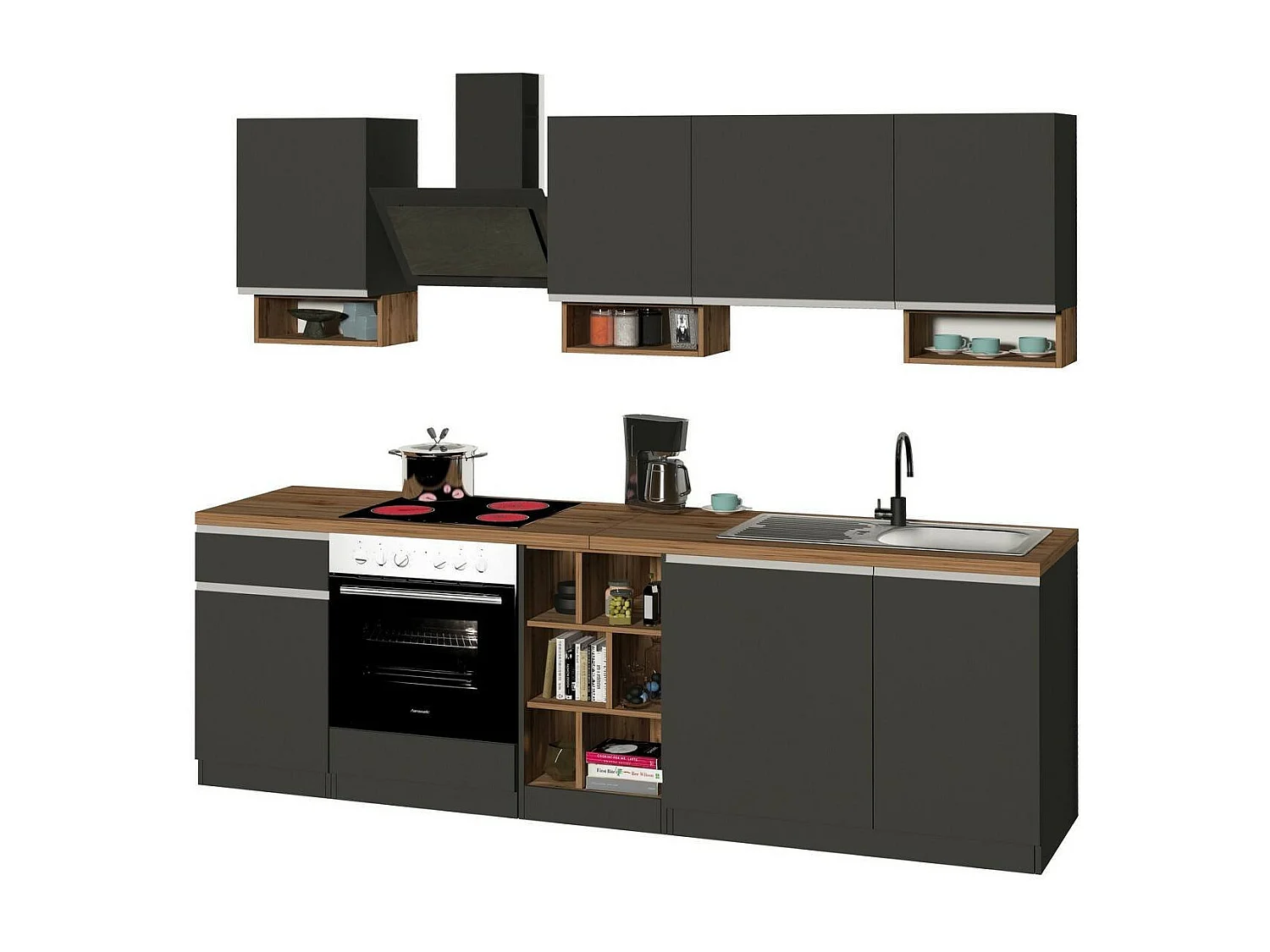 Cuisine complète Dcelient, Ensemble avec garde-manger, Meuble de kitchenette, Kit bloc linéaire, 100% Made in Italy, 255x60h85 cm, Anthracite et Chêne