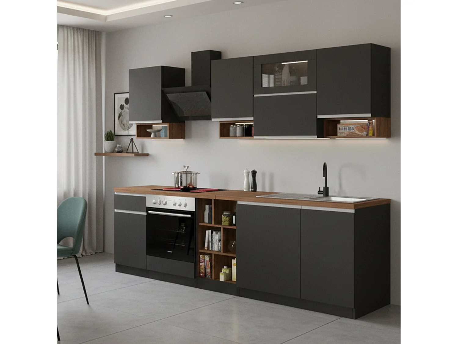 Cozinha completa Dcelient, Conjunto com despensa, Armário de cozinha, Kit de bloco linear, 100% Fabricado em Itália, 255x60h85 cm, Antracite e Carvalho