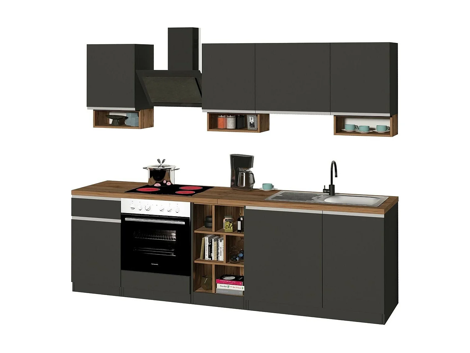 Cozinha completa Dcelient, Conjunto com despensa, Armário de cozinha, Kit de bloco linear, 100% Fabricado em Itália, 255x60h85 cm, Antracite e Carvalho