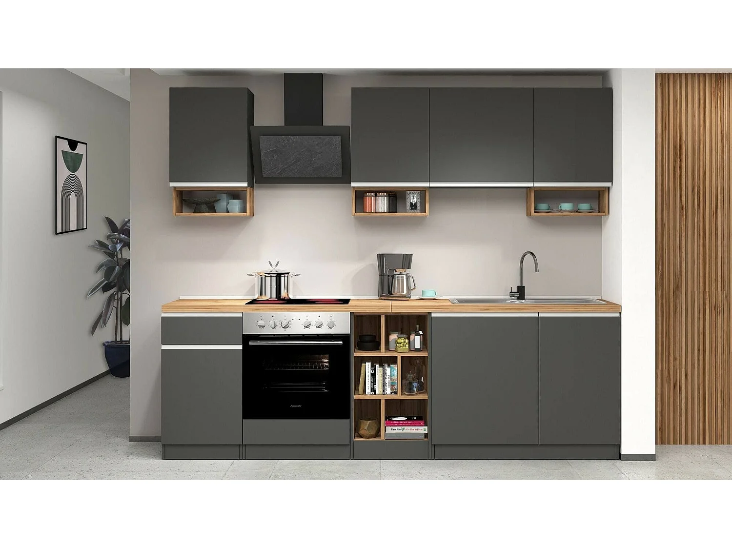 Cozinha completa Dcelient, Conjunto com despensa, Armário de cozinha, Kit de bloco linear, 100% Fabricado em Itália, 255x60h85 cm, Antracite e Carvalho