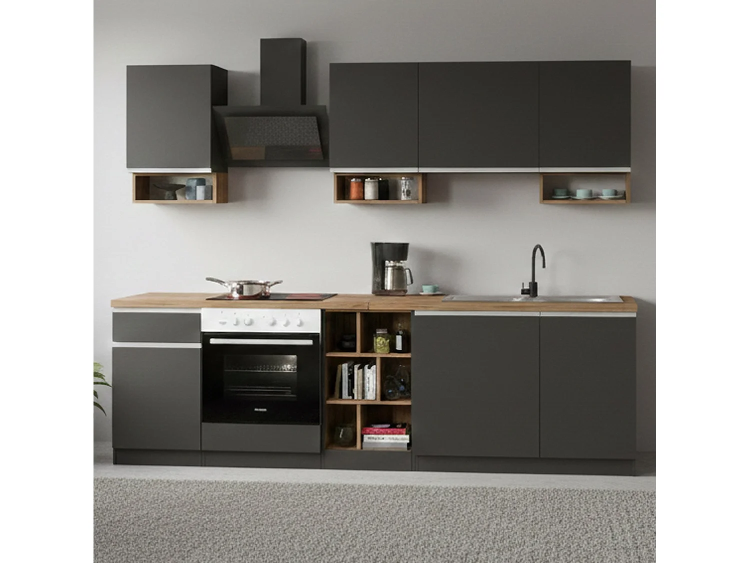 Cozinha completa Dcelient, Conjunto com despensa, Armário de cozinha, Kit de bloco linear, 100% Fabricado em Itália, 255x60h85 cm, Antracite e Carvalho