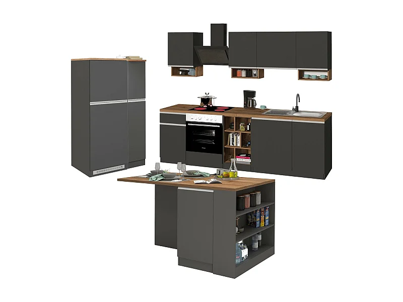 Vollständige Küche Danderso, Set mit Speisekammer, Küchenzeile Schrank, Blockbausatz mit Insel und Kühlschrankträger, 100 % Made in Italy, Anthrazit und Eiche