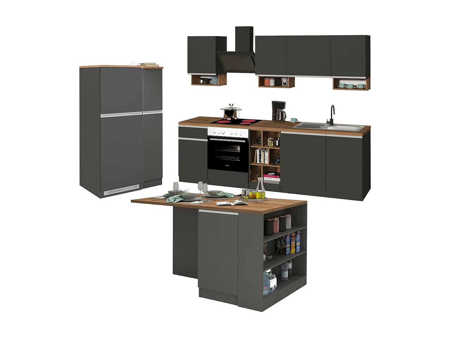 Cuisine complète Danderso, Ensemble avec garde-manger, Meuble de kitchenette, Kit bloc avec îlot et porte-frigo, 100% Made in Italy, Anthracite et Chêne