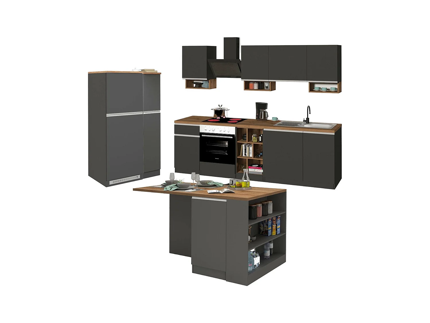 Cuisine complète Danderso, Ensemble avec garde-manger, Meuble de kitchenette, Kit bloc avec îlot et porte-frigo, 100% Made in Italy, Anthracite et Chêne
