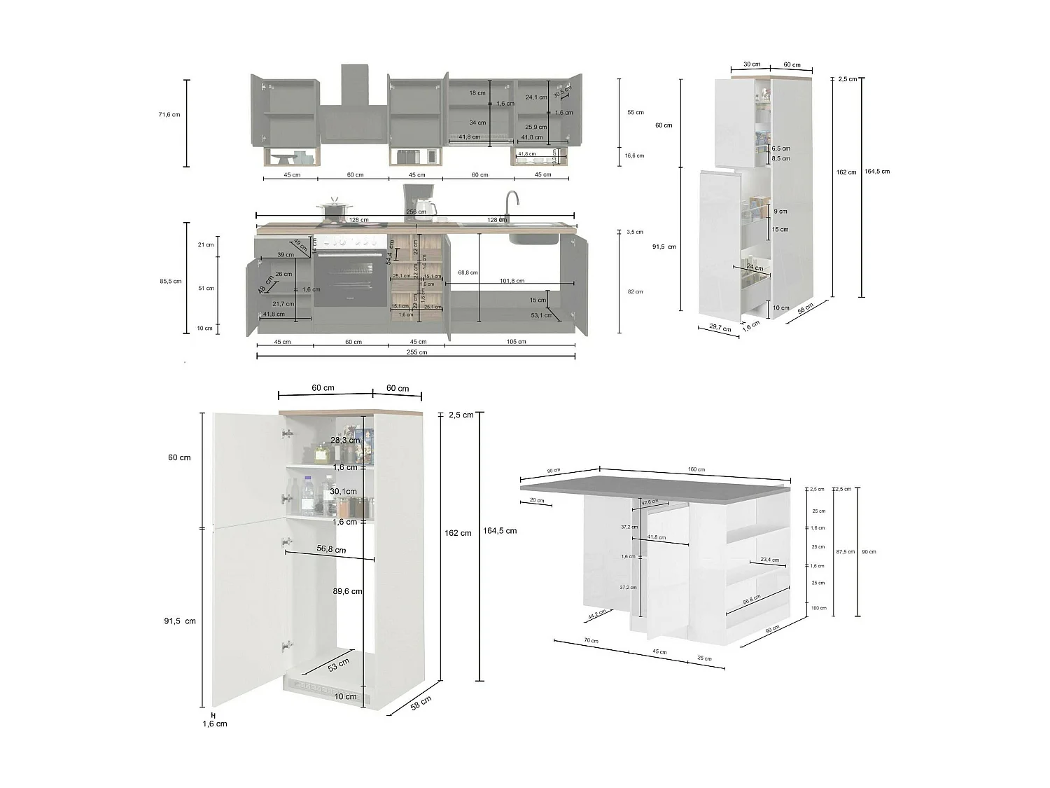 Cozinha completa Danderso, Conjunto com despensa, Armário de cozinha, Kit bloco com ilha e suporte para frigorífico, 100% Fabricado em Itália, Antracite e Carvalho