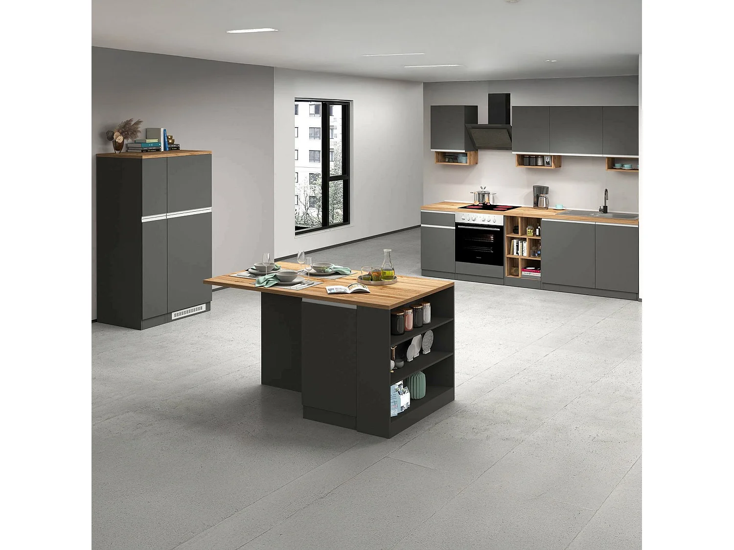 Cuisine complète Danderso, Ensemble avec garde-manger, Meuble de kitchenette, Kit bloc avec îlot et porte-frigo, 100% Made in Italy, Anthracite et Chêne