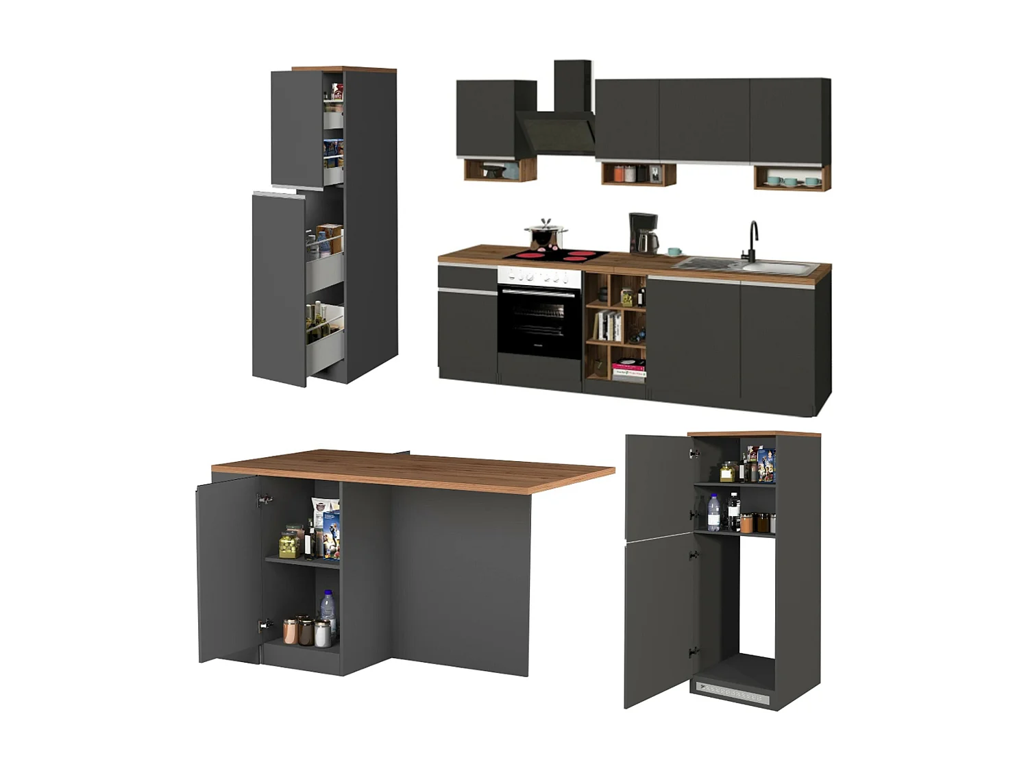 Cuisine complète Danderso, Ensemble avec garde-manger, Meuble de kitchenette, Kit bloc avec îlot et porte-frigo, 100% Made in Italy, Anthracite et Chêne