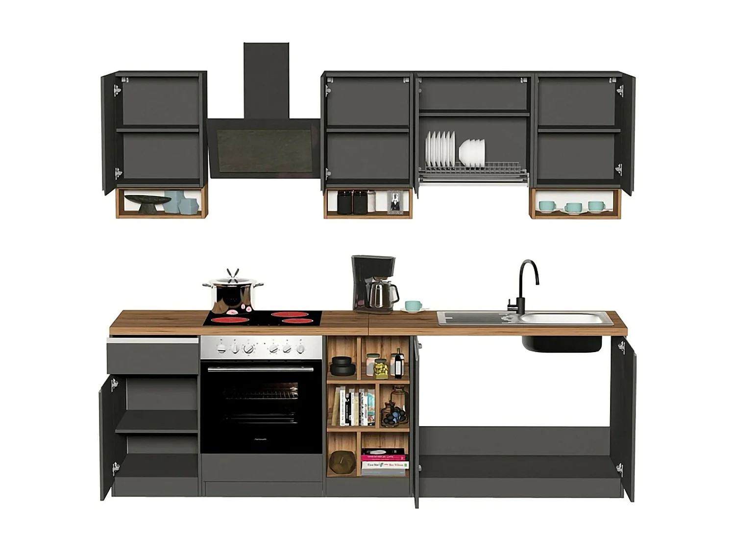 Cuisine complète Danderso, Ensemble avec garde-manger, Meuble de kitchenette, Kit bloc avec îlot et porte-frigo, 100% Made in Italy, Anthracite et Chêne