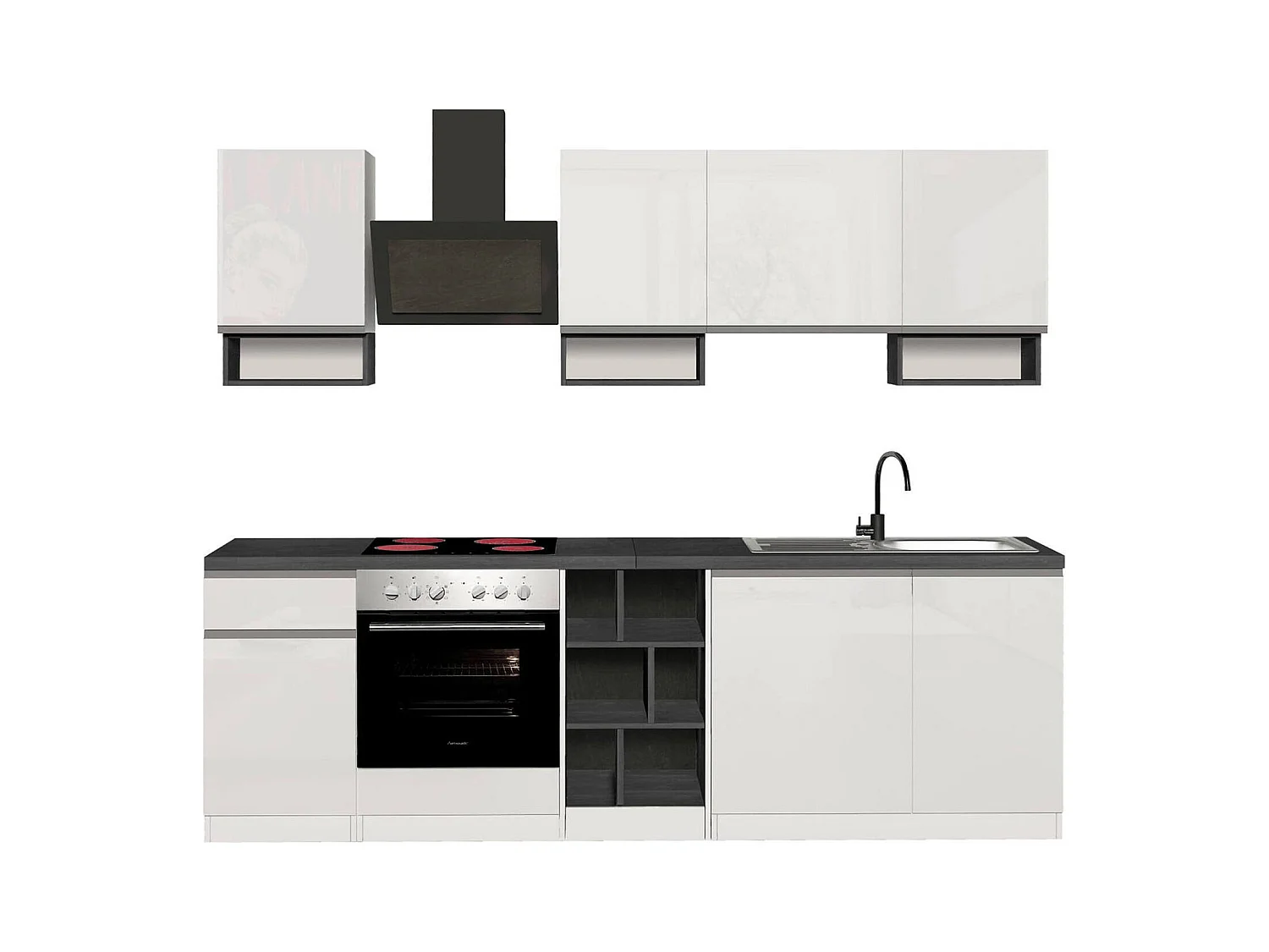 Cuisine complète Dcelient, Ensemble avec garde-manger, Meuble de kitchenette, Kit bloc linéaire, 100% Made in Italy, 255x60h85 cm, Blanc brillant et ardoise